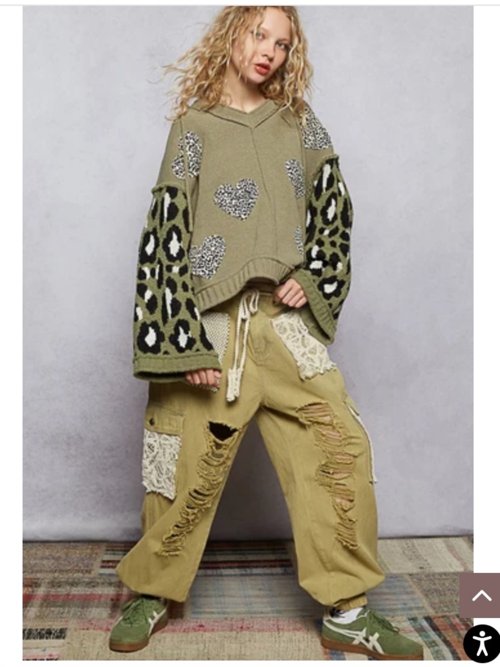 Pol Chenille Cozy Hooded Sweater w/ both Leopard Print and Heart Patch Detail L